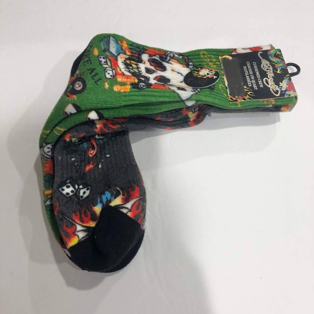 Ed‎ Hardy green and gray multi iconic Ed Hardy inscription crew socks - 2pairs